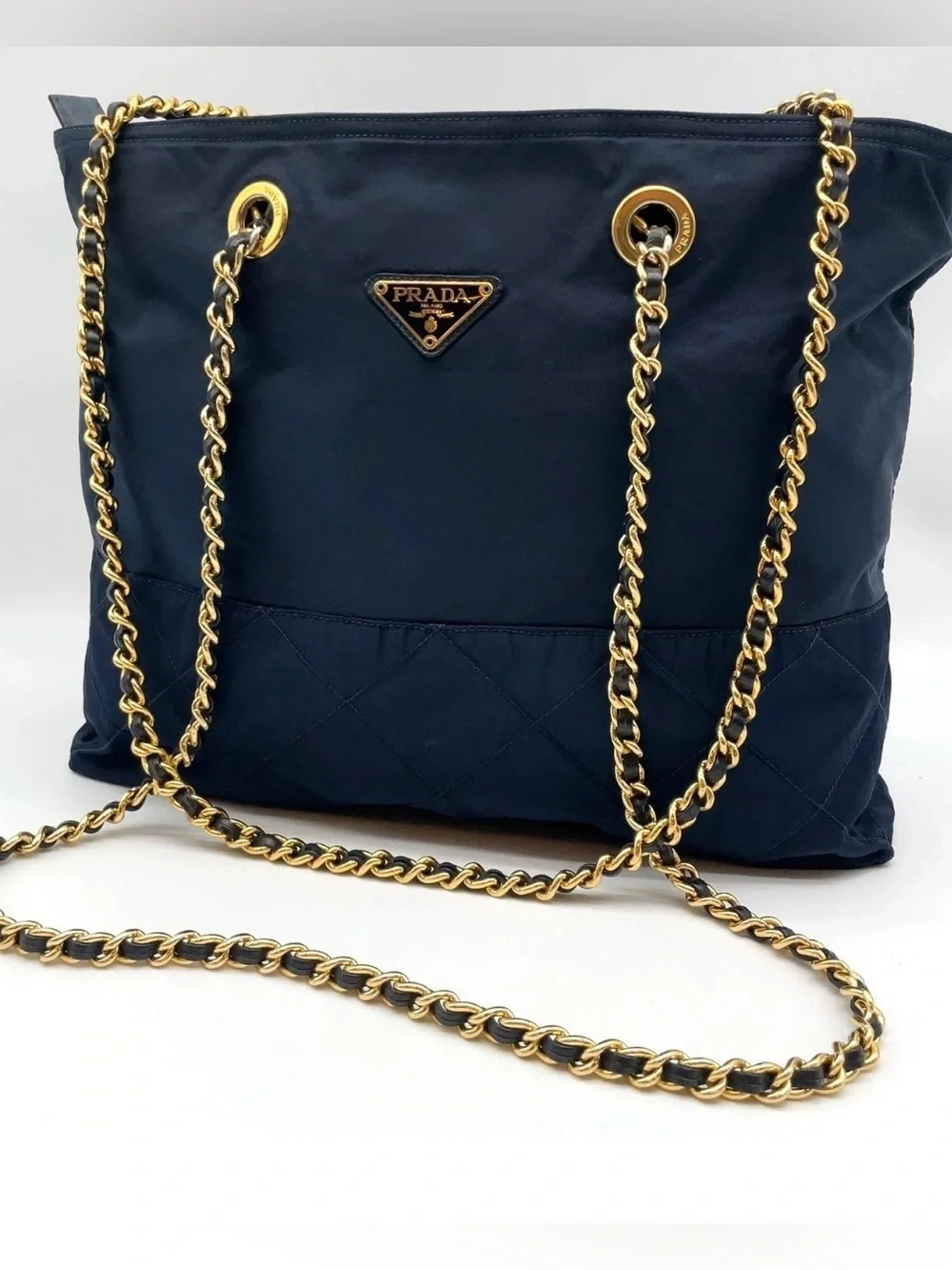 Prada Plate Quilted Tessuto/Navy Nylon Chain Shoulder Bag
